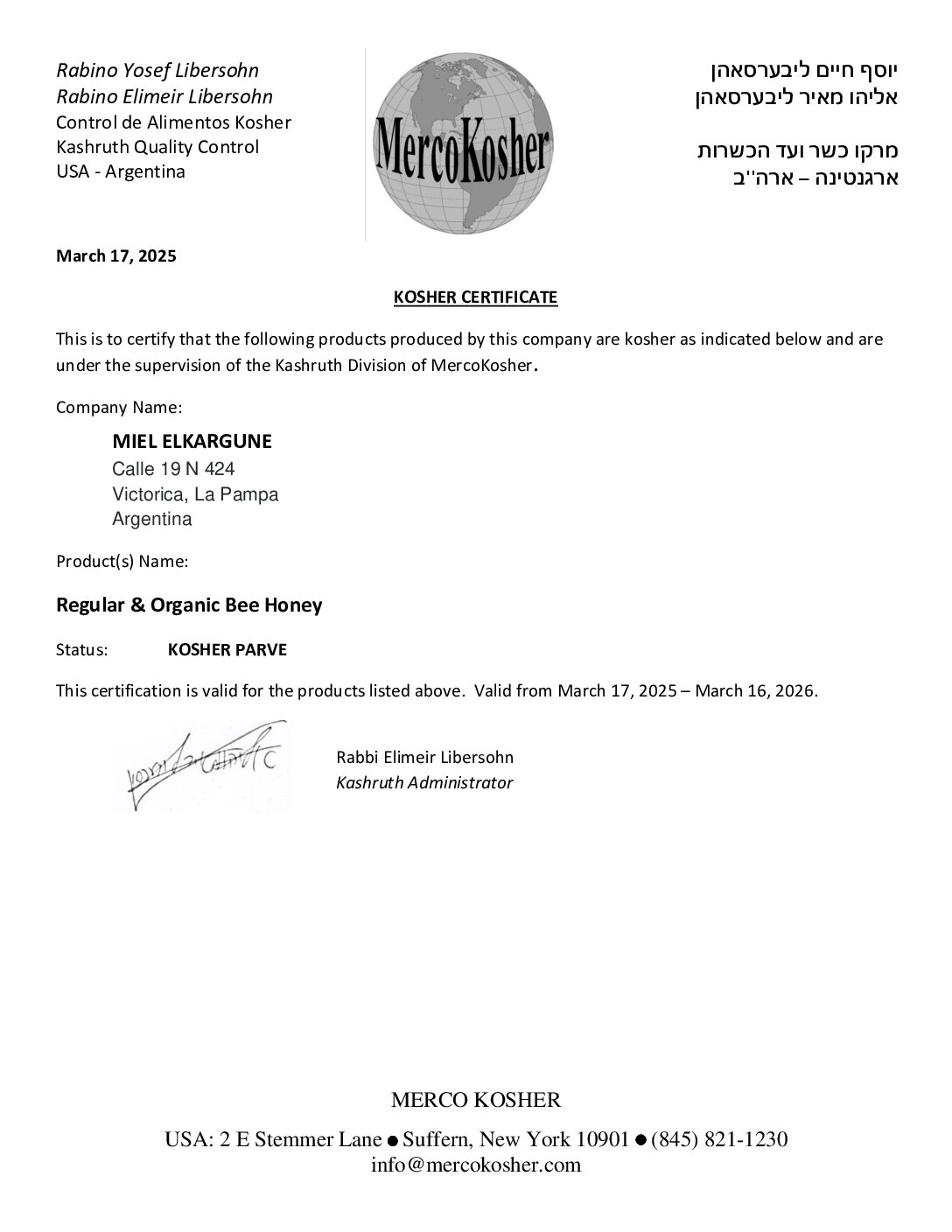 CERTIFICADO KOSHER 2025 ELKARGUNE